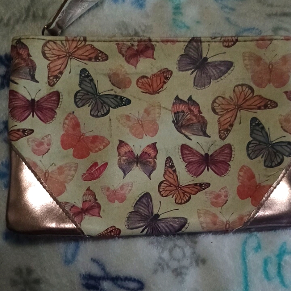 Butterfly Print Clutch with Metallic Accents